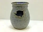 Art Pottery Blue Brown Speckled Vase with Leaf Cut-Out