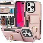 For iPhone 16 Pro Max 15 14 13 Ring Holder Card Pocket Leather Wallet Case Cover