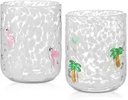 Skylety 2 Pcs Hawaii Icon Juice Rocks Glasses 14 oz Coconut Tree and Flamingo Icon Glass Cups Wine Stemless Double Old Fashioned Blown Cocktail Cups for Women Tropical Summer Holiday Party Gifts