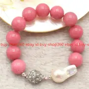 Huge 14MM Pink Rhodochrosite Gems & White Keshi Baroque Pearl Bracelet 7.5''