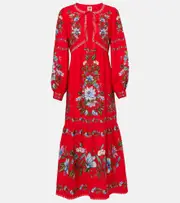 [Farm Rio] Farm Rio Floral linen-blend midi dress AU 14 red