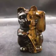 Natural Tiger Eye Maneki Neko Carved Fortune Cat Crystal Quartz Healing Deco 1Pc