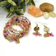 Citrine Pink Glass Stone Beads Memory Wire Bracelet and Earrings Set