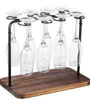 Rustic Wood & Metal Champagne Flute Holder Stand – 8 Slot Stemware Rack