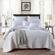 Luxury Quilted 100% Cotton Coverlet / Bedspread Set King / Super King Size Bed 250x270cm Circle White