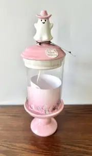 Cobwebs and Cauldrons Halloween Pink Cowgirl Ghost Glass Candy Jar on Pedestal