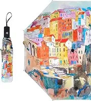 [SEEKJOYS] Watercolor City Pattern Travel Umbrella Italy Umbrella Anti-UV Strong Compact Stylish Auto Open/Close Handle Portable Umbrella for Rain Outdoor Use