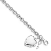 7.25 Inch Sterling Silver Rhodium-Plated Puffed Heart Locket & Key Bracelet