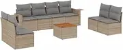 vidaXL Modular Beige Poly Rattan 9-Piece Outdoor Sofa Set with Cushions/Foldable Side Table—Patio/Garden Lounge Furniture