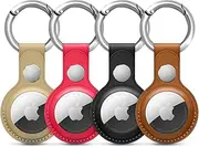 [HOMEQUE] Apple Airtag 4 Pack Leather Keychain for Apple Airtags | Leather Cases in Multi Colors, Durable and Easy to Clean Protective Holders | Compatible with Apple Air Tag (Golden - Red - Black - Brown)