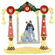 Traditional Lord Krishna Idol on Jhula Metal Statue For Car Dashboard Multiclr