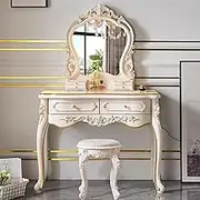 Dressing Table,Vanity Desk with Drawers and Cushioned Stool,Makeup Vanity Table Set with Mirror and Light,European Retro(B)