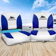 2X Seamanship Folding Boat Seats Marine Swivel Low Back 13cm Padding White Blue