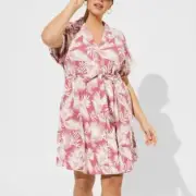 Torrid Shaded Palms Mini Rayon Slub Button Front Collared Dress Rose Large NWT
