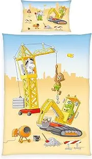 Herding Babybest Construction Site Bed Linen, Pillowcase Approx. 40 x 60 cm, Duvet Cover Approx. 100 x 135 cm, with Practical Button Placket, 100% Cotton