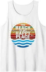 [Generic] The Beach is My Happy Place Retro Summer Vintage Sunset Beach Quote Tank Top T-Shirt for Men Crew Neck Tee Shirt