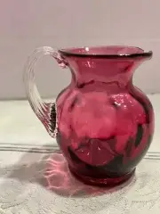 Vintage Cranberry Glass Creamer Cream Pitcher Hand Blown Glass applied Handle