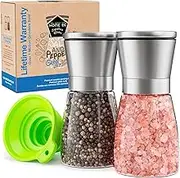 Premium Stainless Steel Salt and Pepper Grinder Set of 2 - Adjustable Ceramic Sea Salt Grinder & Pepper Grinder - Short Glass Salt and Pepper Shakers - Pepper Mill & Salt Mill with Free Funnel & EBook