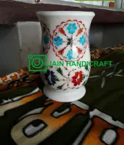 8" White Marble Flower Vase Pot Lapis Inlay Marquetry Art Collectible k3