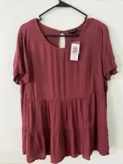 Torrid Rayon Crepe Tiered Top Short Sleeve Blouse Reddish Brown 00 New
