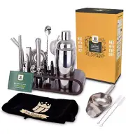 22-Piece Bartender Kit with Bamboo Stand and Velvet Bag, cocktail shaker