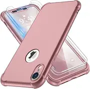 ORETECH Designed for iPhone XR Case with [2 x Tempered Glass Screen Protector] 360 Full Body Shockproof Anti Scratch Protection Cover Hard PC Soft Rubber Silicone Case for iPhone XR 6.1''2018 Rosegold