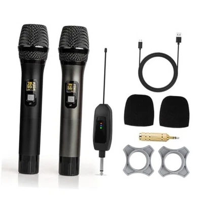Wireless Microphone UHF Metal Dual Handheld Mic with 2 Black & Gray