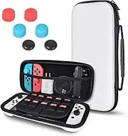 DLseego Carry Case Compatible with Nintendo Switch OLED, Ultra Slim Hard Portable Shell with 10 Game Cartridge Holders and 6 Thumb Grips Caps - White