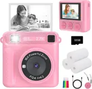 Instant Print Camera for Kids - HD Video, 32GB SD Card, Portable Toy (Pink)