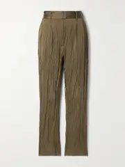 [JASON WU COLLECTION] JASON WU COLLECTION - Belted Crinkled-satin Straight-leg Pants - Army green - US0 US 0 Green