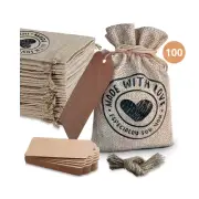 100 PCS 4’’x6’’ Burlap Gift Bag,Drawstring Line and Gift Tags with Phrase Made w