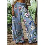 Women's Cotton Linen Pants Slacks Streetwear Casual Full Length Natural Flower Printing Outdoor Comfortable Street Going out Lake Blue Pink Blue Pale Pink Summ