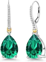 Gem Stone King 925 Sterling Silver and 10K Yellow Gold 16X12MM Pear Shape Gemstone Birthstone and White Moissanite Teardrop Drop Dangle Earrings For Women
