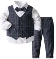 9-12m ~ Baby Boys' 4 Piece Gentleman Set with Shirt, Bowtie, Plaid Vest and Pant