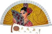 [Planta Color] Folding Fan with Case, Printed Cotton Fabric on Wood, Drawings of Spanish Culture (Flamenco, Taurus, Taurus, Dancer, etc.) (White Flamenca)
