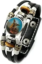 [EENSYWEENSY] Saint Michael the Archangel Braided Rope Bracelet - Adjustable Multi layer Leather Cords Beaded Bracelet for Men and Women, Medium, Stainless Steel, no gemstone