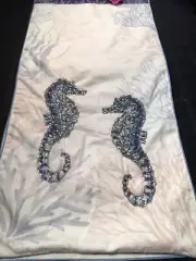 MIREILLE Coastal Table Runner 16 x 72 Beaded Sea horses w/ sea corals blue