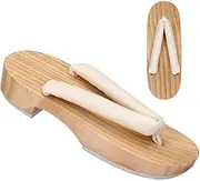 [BEWUST] Woman’s Japanese Traditional Clogs Geta Sandals Log Flat Heel Anti-Slip Wooden Geta Flip Flops Slippers Shoes Heel Height 3.5CM Summer Beach Footwear,23cm,Beige