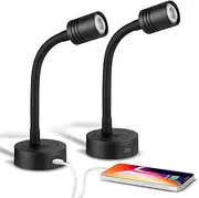 Obeaming 12 V Reading Lamp Caravan Boat Dimmable Bedside Lamp Gooseneck LED Wall Lamp for Van Truck Caravan, Built-in Type C Charger & Press Dimmer Switch 3200K, 2 Pieces