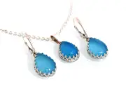 Sterling silver set of earrings and pendant with natural sky blue Chalcedony.