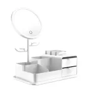 White LED Vanity Mirror with Storage, Rotating Makeup Mirror, USB Rechargeable D