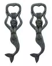 Rustic Verdigris Cast Iron Nautical Siren Mermaid Beer Bottle Opener Set Of 2