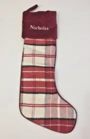 Pottery Barn Kids Plaid Crewel Christmas Stocking Nicholas