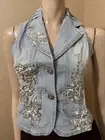 Women’s Light Blue Denim Cotton Casual Beaded Embroidered Buttons Size M Vest
