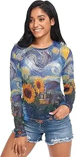 [RPLIFE] Starry Night Sunflowers Blue Womens Mesh Tops, Sexy Sheer Tops for Women S-XXL