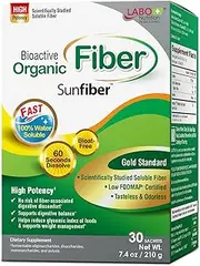 LABO Nutrition Bioactive Organic Fiber – Sunfiber PHGG Soluble Prebiotic Fiber for Digestive Regularity & Gut Health – Partially Hydrolyzed Guar Gum, Low FODMAP, Unflavored, Vegan, Non-GMO, 30 Sachets