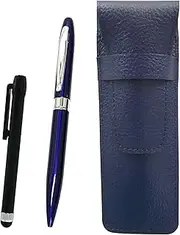 SASL-ALB-TK23-L Grain Leather Pen Case Blue Metal Touch Stick Black and Lasting Piece Metal Swivel Ballpoint Pen Set Blue