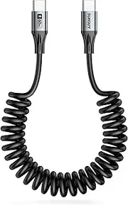 SUNGUY Android Auto USB C to USB C Cable 3.3FT, USB C Car Carplay Cable for iPhone 16/15/ Pro/Pro Max, Coiled USB C Cable 60W Fast Charging for Samsung Galaxy S24 S23, iPad Pro