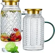 Hsei 2 Pcs Glass Pitcher with Lid, 68 Oz/2L Large Water Pitcher, Retro Clear Borosilicate Glass Water Carafe for Cold Brew, Lemonade, Iced Tea, Coffee, Beverage, Heat Resistant Water Glass Jug