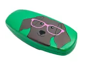 NEW Puppy Dog Wearing Pink Glasses Hard Metal Clamshell Eyeglasses Case